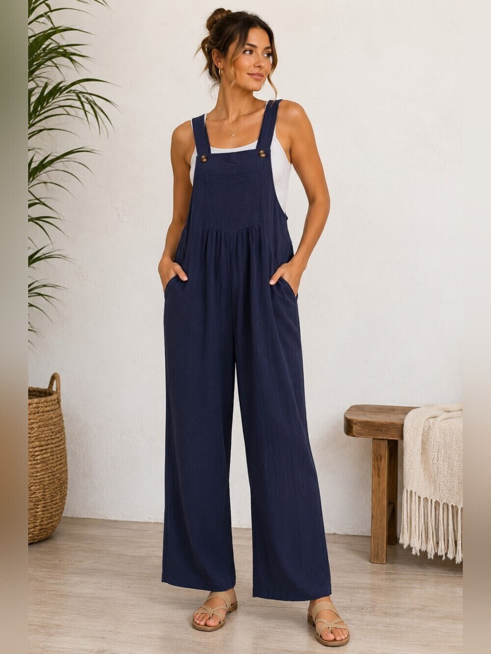 Navy Blue Wide Leg Overalls | Adjustable Strap Jumpsuit | Size Small - Picture 1 of 7